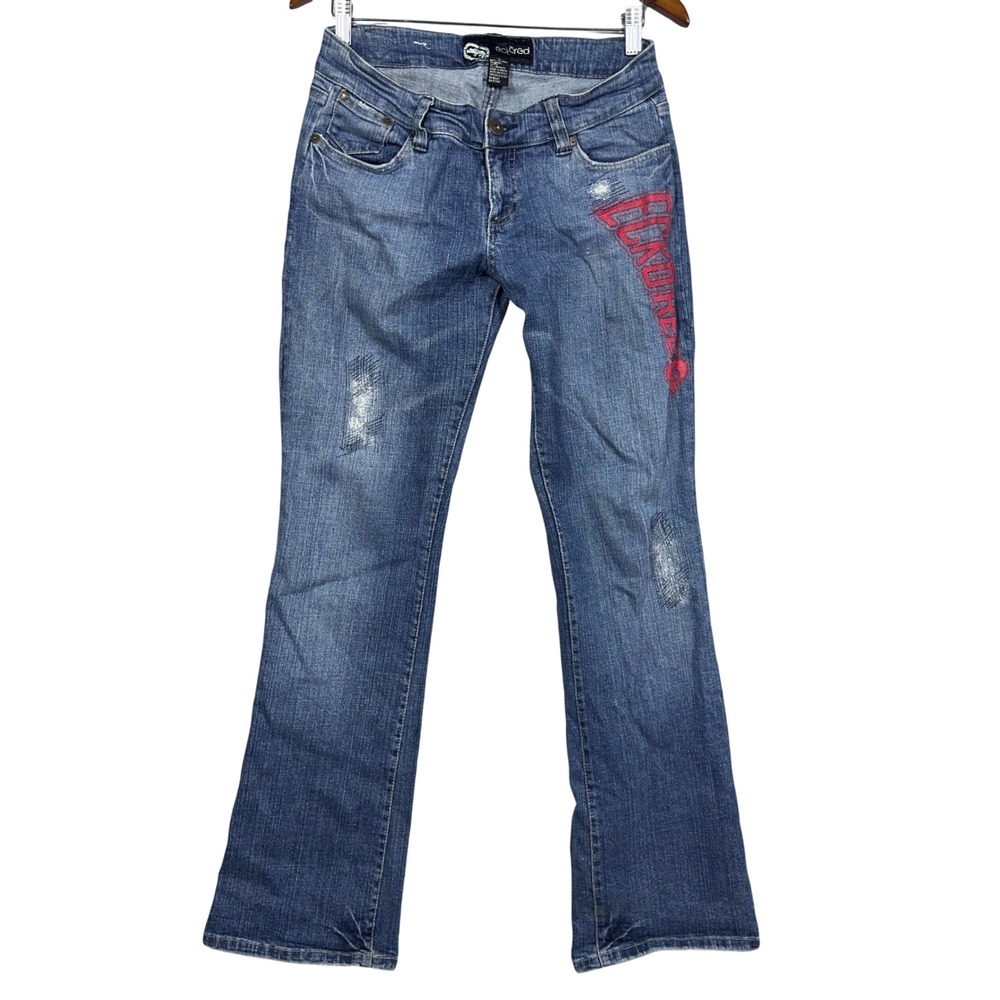 Ecko Low Rise Flare Bootcut Y2K Jeans Womens Size 9 Distressed Blue Streetwear